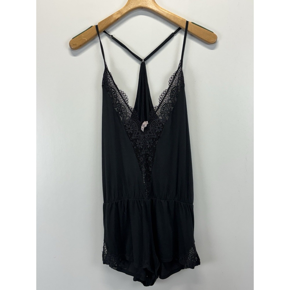 Victorias Secret Teddy Short Romper One Piece Women's M Black Strappy Lace Trim